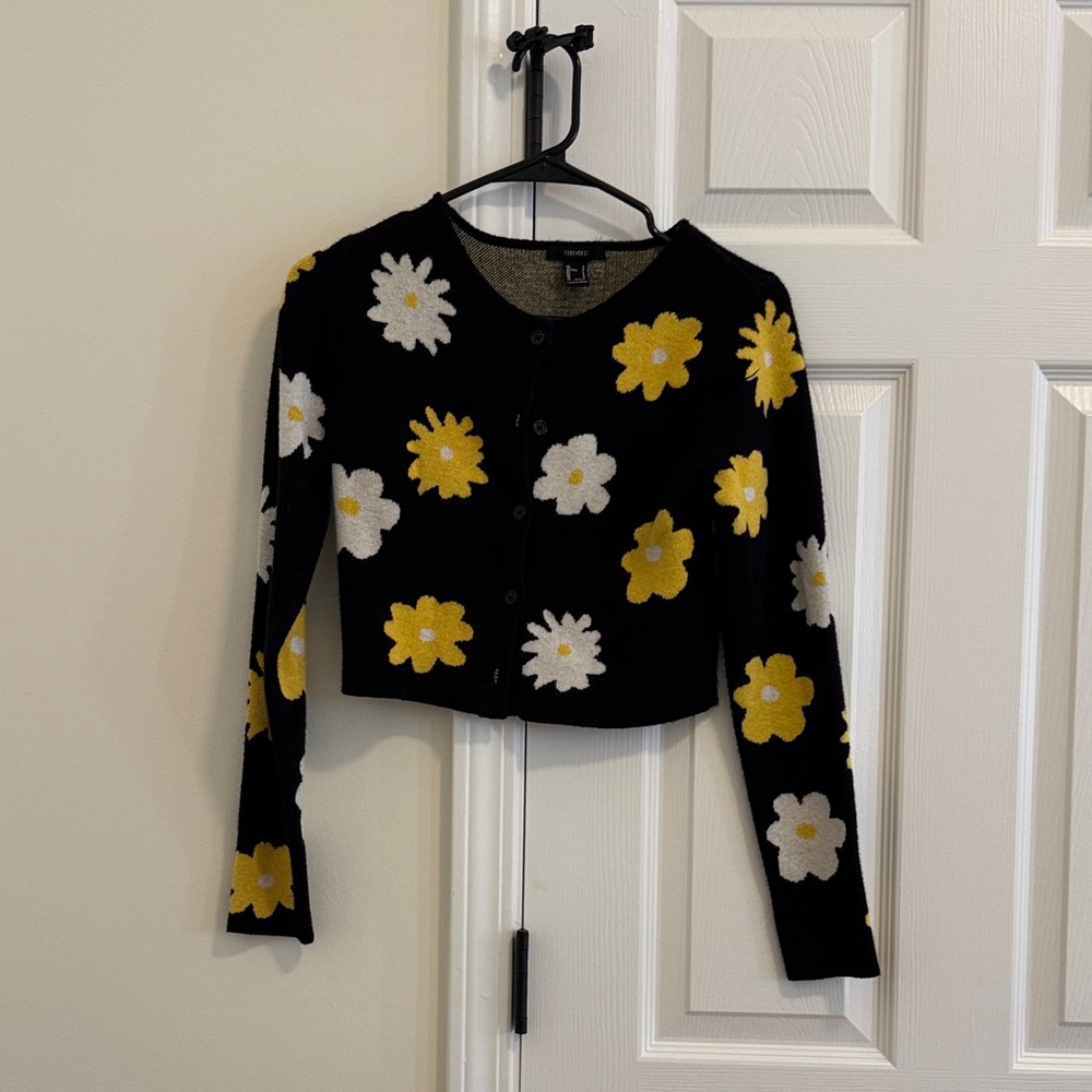 Forever 21 Black Floral Button Down Sweater